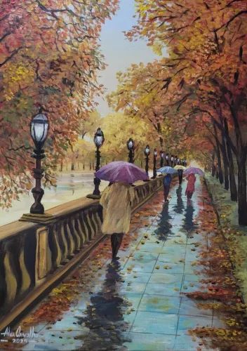 Quadro pintado à mão - Passeio de outono sob a chuva