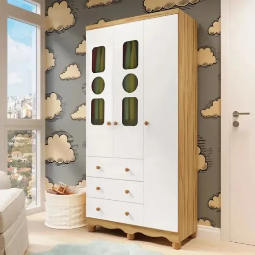 Roupeiro Infantil 3 Portas Tedy Peroba, 100% MDF 