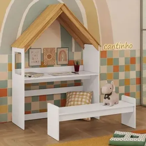 Mesa Infantil Montessoriana com Banco 100% MDF Branco Brilho/Amêndoa -  Peroba<br>