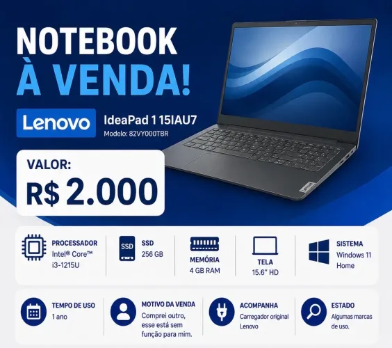 Lenovo IdeaPad 1 15IAU7 modelo 82VY000TBR, com Intel Core i3-1215U, SSD 256 GB e 4 GB RAM.