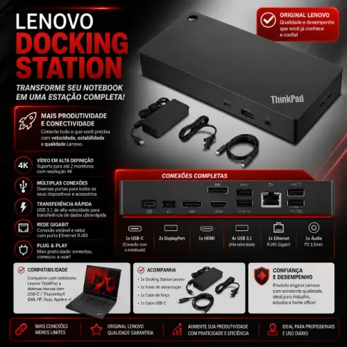 Dockstation Lenovo ThinkPad USB-C - Suporte p/ Até 3 Monitores 4K