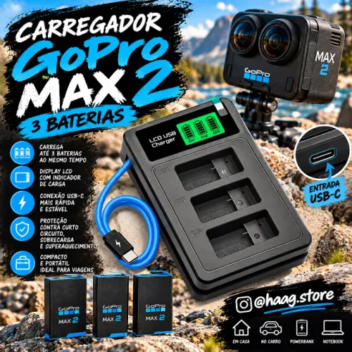 Carregador GoPro MAX 2 Triplo 3 Baterias Display LCD USB-C Carga Rápida