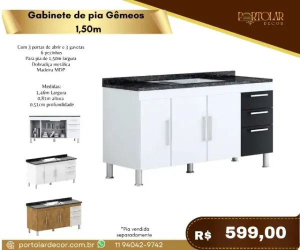 Gabinete de Pia Gêmeos 1,50m a pronta entrega
