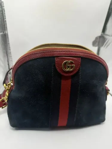 Bolsa Gucci Ophidia Small Camurça Azul-marinho Alça Vermelha