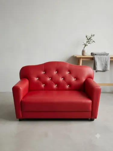 Sofá infantil Criança couro vermelho vibrante, elegantemente decorado com botões de joia