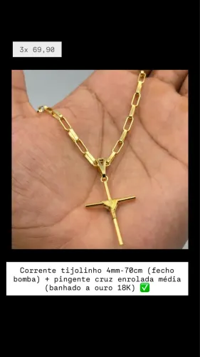 Corrente tijolinho 4mm - 70cm (fecho bomba) + cruz envolvida média (banhada a ouro 18K)