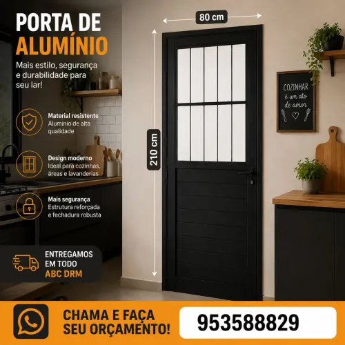 Porta de Alumínio Preta com Vidro 210x90 - Moderna, Resistente direto da fábrica