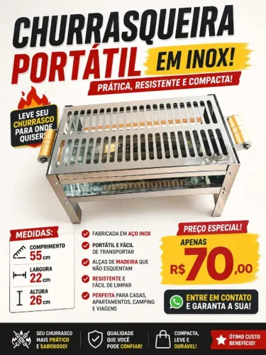 Churrasqueira portátil em inox 55 cm