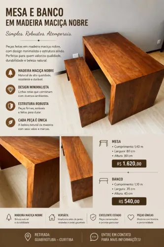 MESA E BANCO EM MADEIRA MACIÇA NOBRE