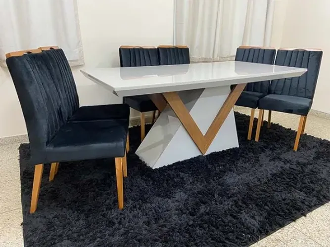 Mesa de Jantar com Tampo de Vidro + 8 Cadeiras no Preto