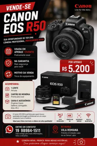 Câmera profissional Cânon R50 + lente +cartão de memória EXCELENTE ESTADO