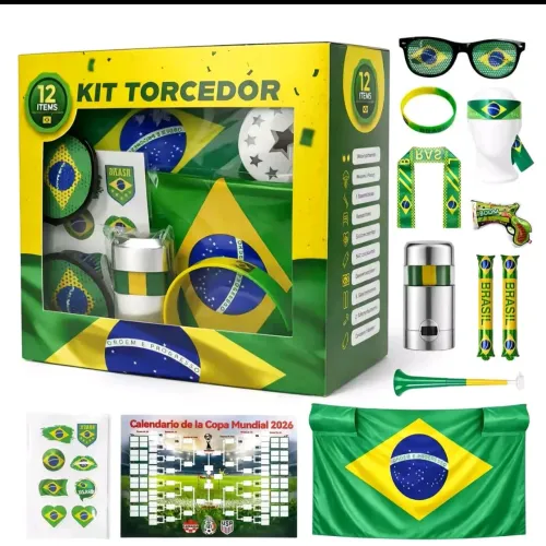Kit 12 peças Torcedor Bandeira Brasil Copa 2026<br><br>Adesivo Trompete Pintura Facial