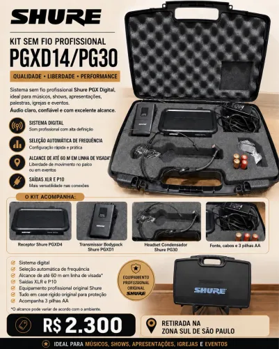 Microfone Shure Headset PGXD4 + PGXD1 + PG30 Sem Fio + Case