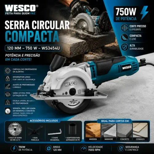 Wesco Serra Circular Compacta 750W 120mm - Compacta e Leve para Trabalhos Externos