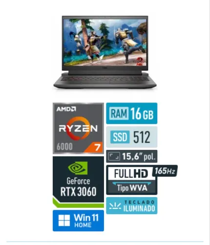 Notebook Dell G15 5515 Ryzen 7 RTX 3060 16 RAM 512 SSD 