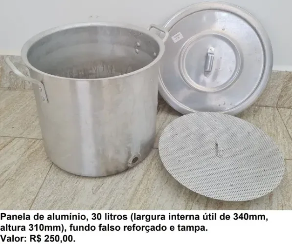 Panela cerveja 30 litros (largura 340mm, altura 310mm, fundo falso reforçado e tampa)