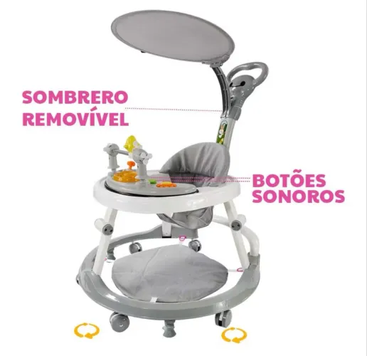 Andador musical com empurrador e capota