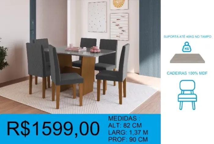 Conjunto mesa com 6 cadeiras ultima peça - promoção 100% nova