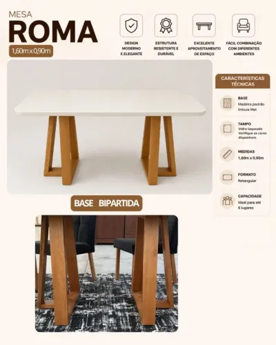 Mesa Roma 1,60x0,90 base madeira bipartido,6 lugares