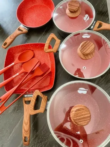 Jogo de Panela Cerâmica Antiaderente Indução 10 Pçs Fogão Cooktop Vermelho Duralar