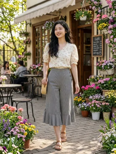 Calça pantacourt estilo vintage listrada