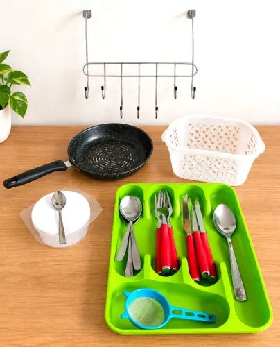 Kit Cozinha (Talheres, Frigideira, Organizador e Suporte)
