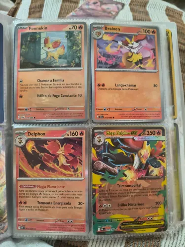 Cartas pokémon fennekin, braixen, delphox e mega delphox ex