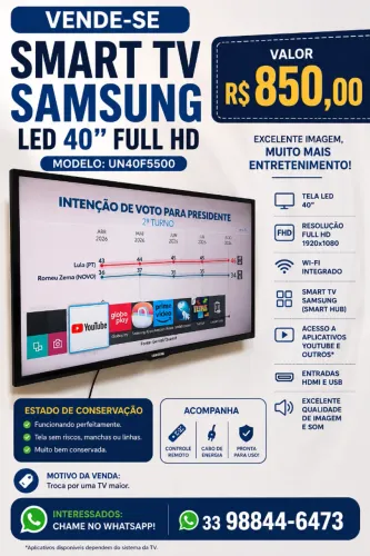 Smart TV Samsung LED Full HD 40" - UN40F5500 - R$ 850,00