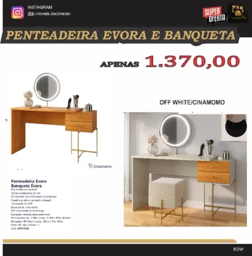 PENTEADEIRA EVORA E BANQUETA ESPELHO GIRATÓRIO COM LED