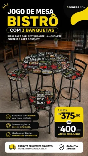 Jogo bistro com 3 banquetas