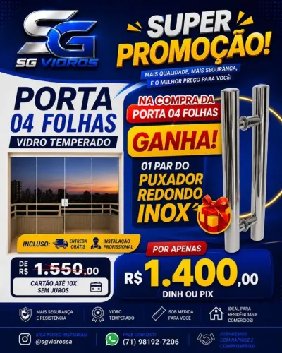 PORTA VIDRO INCOLOR 08MM 04 FOLHAS 2.10X2.0m