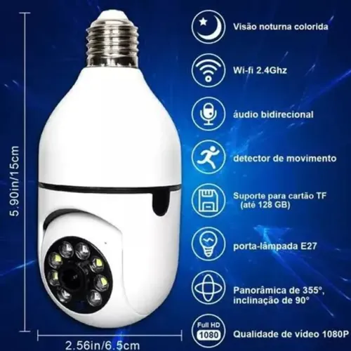 Câmera Wi-fi IP Lâmpada Full HD / Visão Noturna Giratória 360º graus / App: Yoosee E27