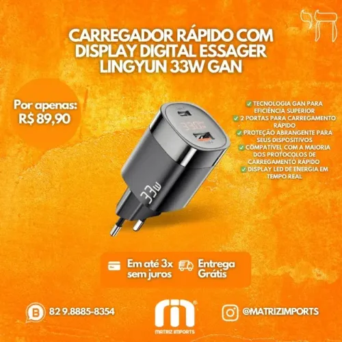 Carregador Essager Lingyun 33W GaN - Carregamento Rápido e Eficiente