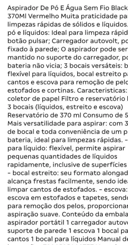 Aspirador de pó e água black decker 370 vermelho sem fio