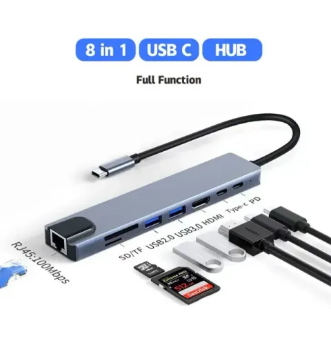Adaptador Hub USB tipo C para laptop 8 em 1 HDMI 4K LAN leitor SD micro SD