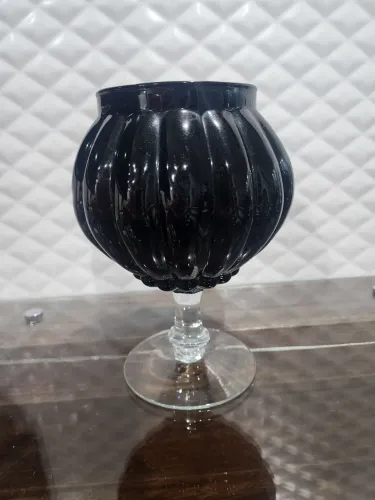 Bomboniere pedestal vidro preto  formato bola com gomos 