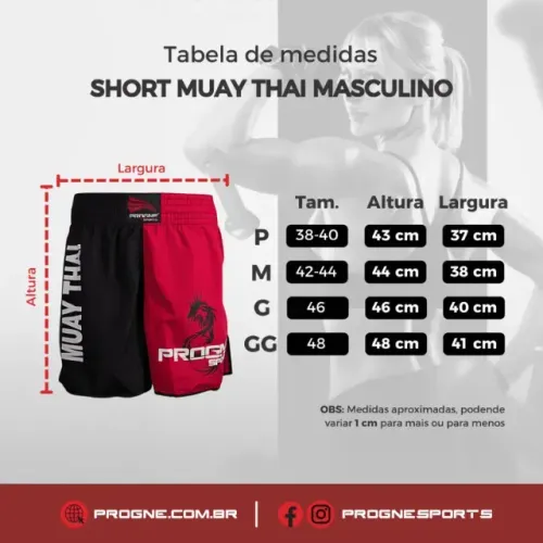 SHORT MUAY THAI MASCULINO PROGNE SPORTS PRETO/VERMELHO GG