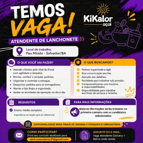 Vaga Atendente de Lanchonete Delivery