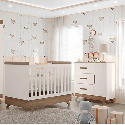Berço americano retro vitória off white carvalho vira cama