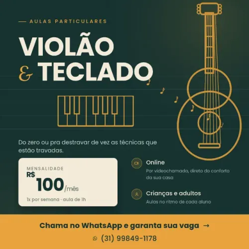 100,00 por mês aulas de Violão e Teclado Online e Presencial - BH