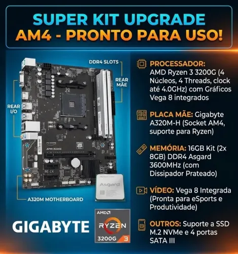 Kit Upgrade AM4: Placa A320G + 16GB DDR4 Asgard 3600MHz + Processador AMD