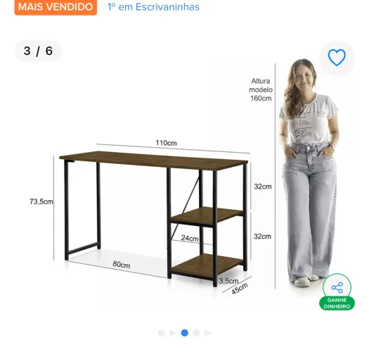 Mesa Escrivaninha Mesa Office Estudo Estilo Industrial Cor Preto Imbuia 1,10m KLM