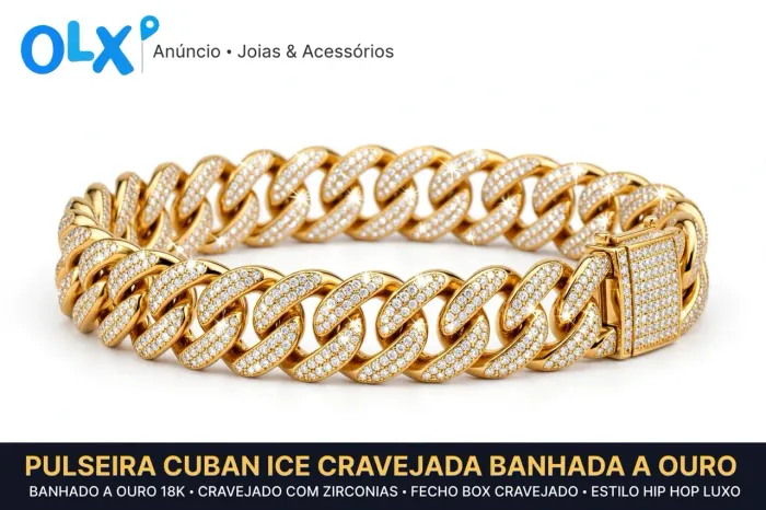 Pulseira Cuban Ice cravejada banhada a ouro - grumê grossa com Zirconia