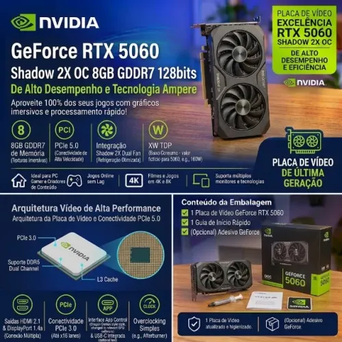 PLACA DE VÍDEO MSI GeForce RTX 5060 SHADOW 2X OC - 8GB GDDR7