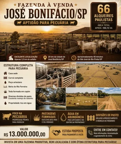 FAZENDA À VENDA APTIDÃO PARA PECUÁRIA JOSÉ BONIFÁCIO/SP