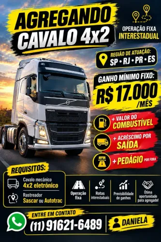 Agregando Cavalo mecânico 4x2 para operação fixa em SP, RJ, PR, ES