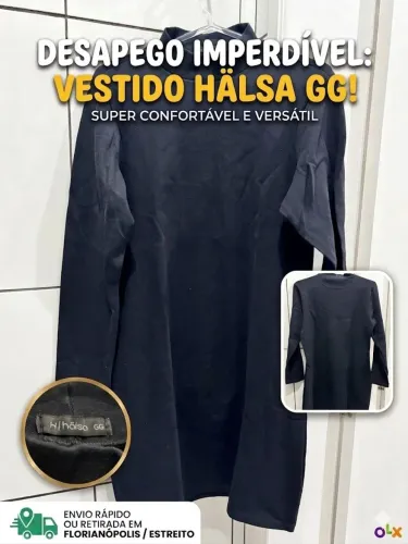 Vestido Curto Manga Longa Preto Hälsa (Tamanho GG) - O Básico Perfeito!