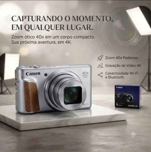 Câmera Canon SX740 HS - Nova na Caixa, Zoom 40x e Vídeo 4K