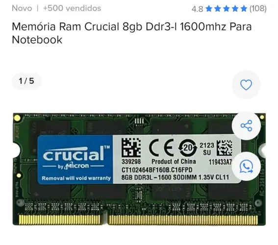Vendo memória RAM ddr3l 8gb
