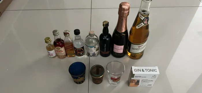 Kit Miniaturas de Bebidas Colecionáveis + Copos de Dose + Infusão Gin